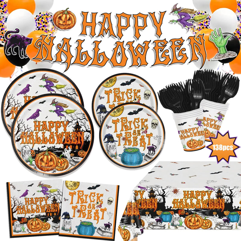 Vintage Halloween Paper Plates and Napkins Halloween Party Supplies 138pcs Halloween Tableware Set Includes Halloween Party Plates Cups Napkins Banner Tablecloth for Kids Serve 24